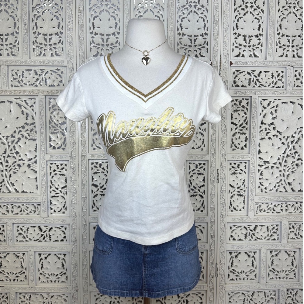 White & Gold V Neck Naughty Holiday Varsity Womens T‎ Shirt Sz Small